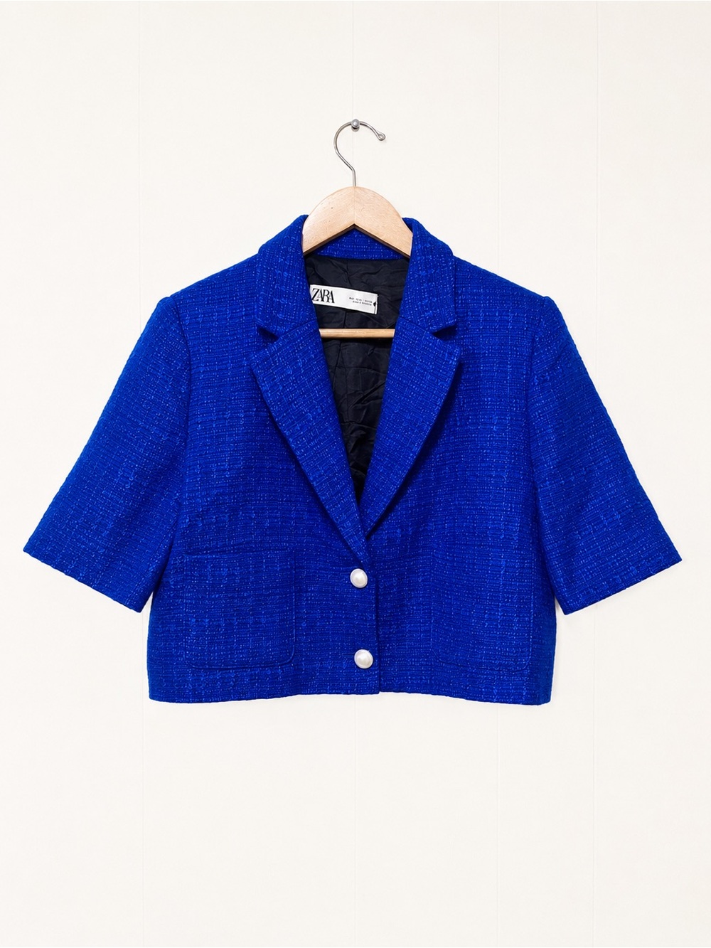 Zara Royal Blue Cropped Tweed Blazer Career Blazer Large